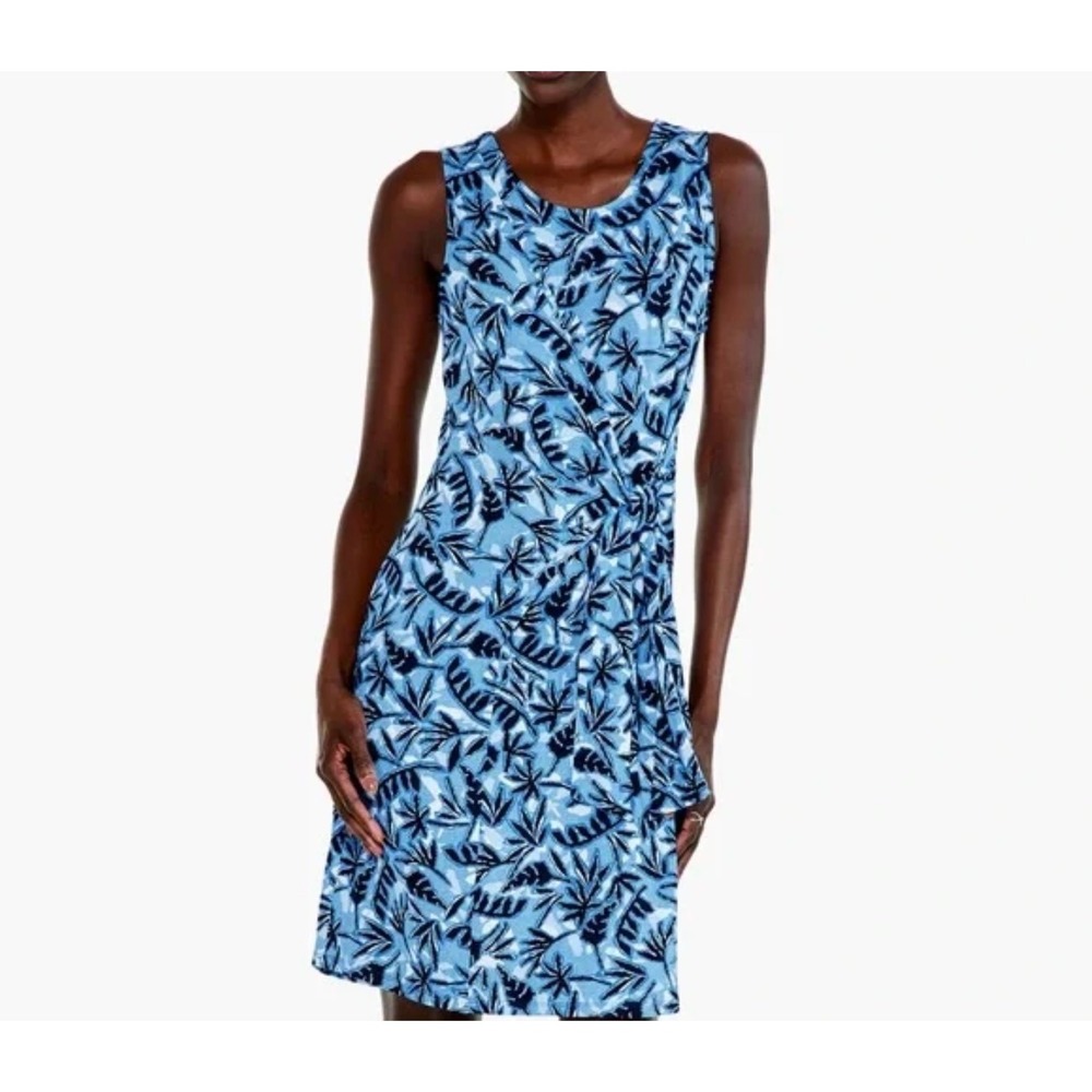 NEW NIC+ZOE Blue Coastal Vines Side Tie Midi Dress 2X Tropical Print Knit NWT